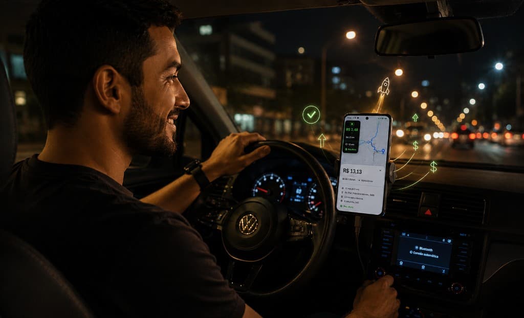 Motorista no carro utilizando o DriveFlow para decidir uma corrida