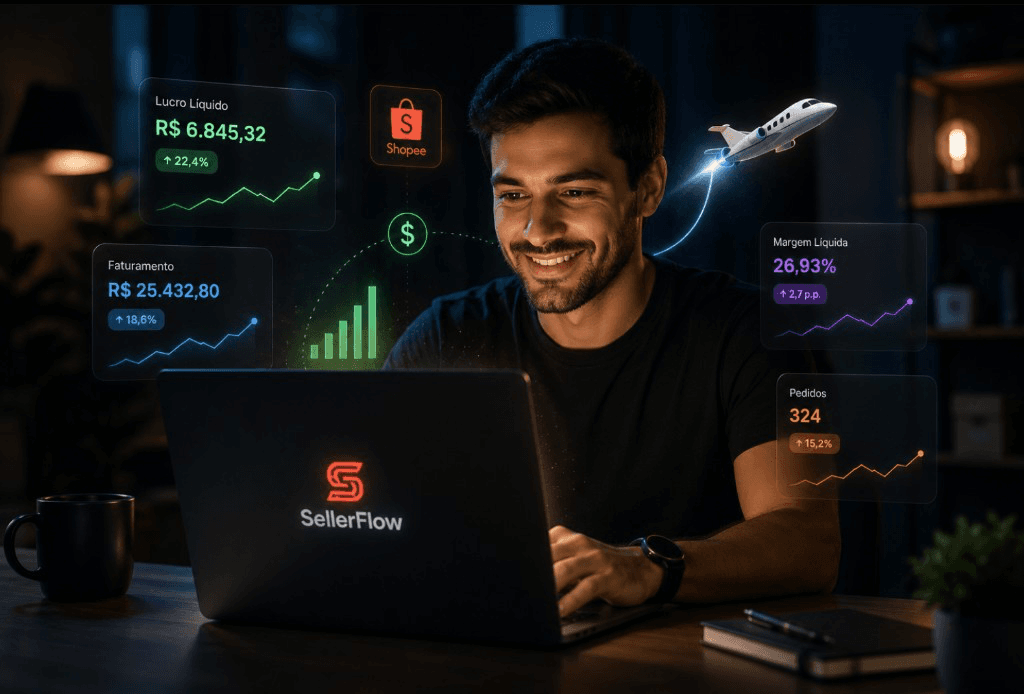 Vendedor no desktop com visão clara de lucro, faturamento e margem no SellerFlow