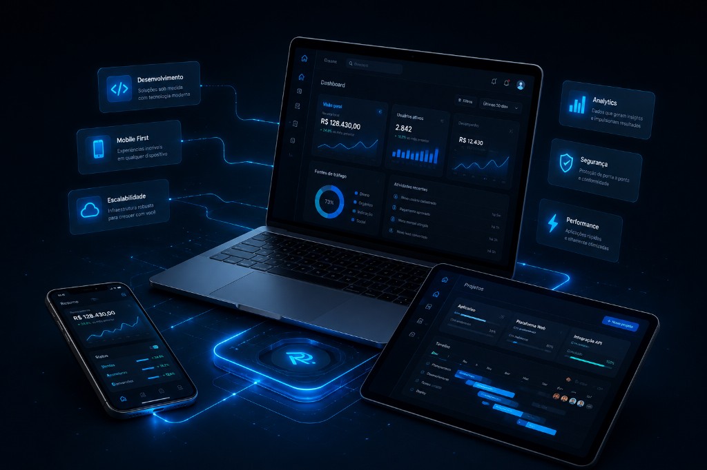 Ecossistema RangelOps em notebook, tablet e smartphone com dashboards conectados